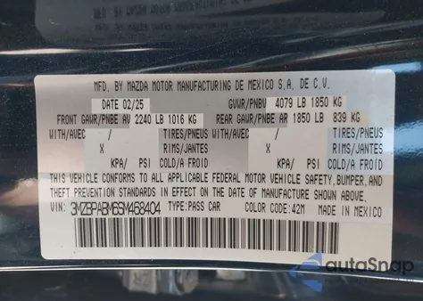 2025 Mazda Mazda3 2.5 S Select Sport z USA, uszkodzony, nr VIN 3MZBPABM6SM468404